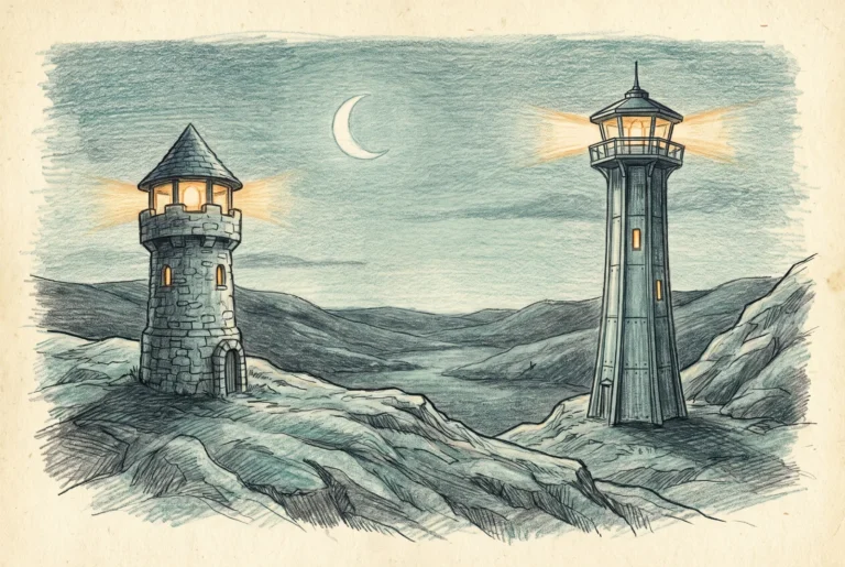 Hand-drawn pencil illustration in teal and slate with amber accents: two watchtowers of different eras, an older weathered stone tower and a newer slender one, standing side by side on the same ridge at dusk, both lit and watching the same valley.