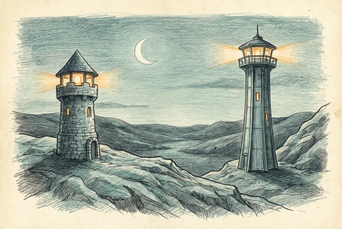 Hand-drawn pencil illustration in teal and slate with amber accents: two watchtowers of different eras, an older weathered stone tower and a newer slender one, standing side by side on the same ridge at dusk, both lit and watching the same valley.