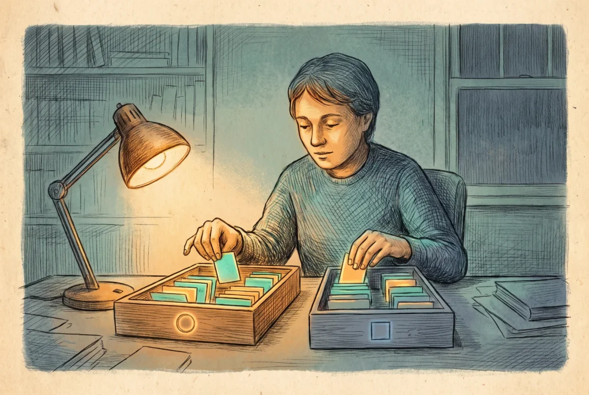 Hand-drawn pencil illustration in teal and slate with amber accents: a calm operator at a lamplit wooden desk sorting a steady stream of small glowing signal cards into two trays, one urgent amber and one muted slate.