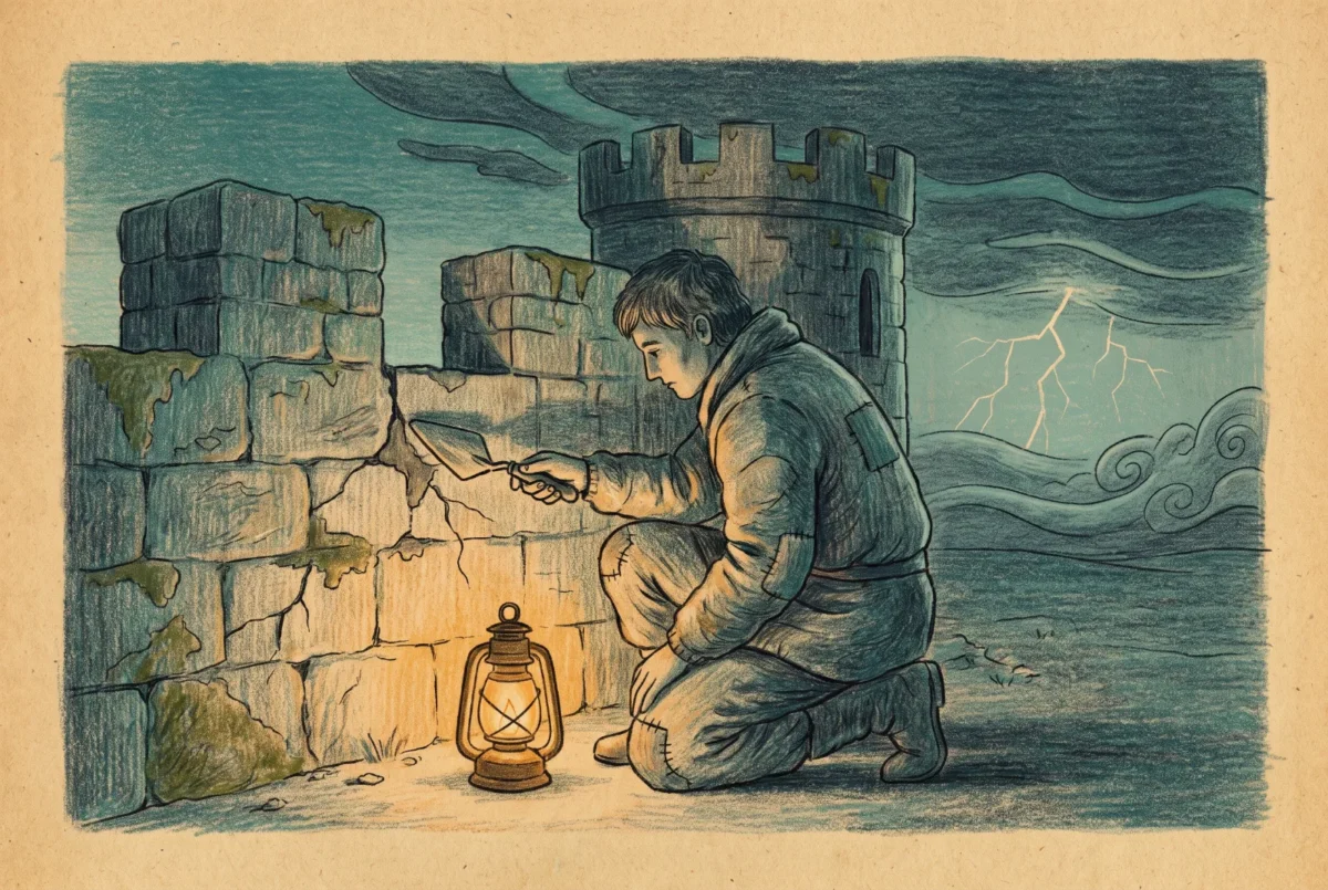 Hand-drawn pencil illustration in teal and slate with amber accents: a figure by lantern light carefully sealing gaps in an old fortress wall before a gathering storm on the horizon.