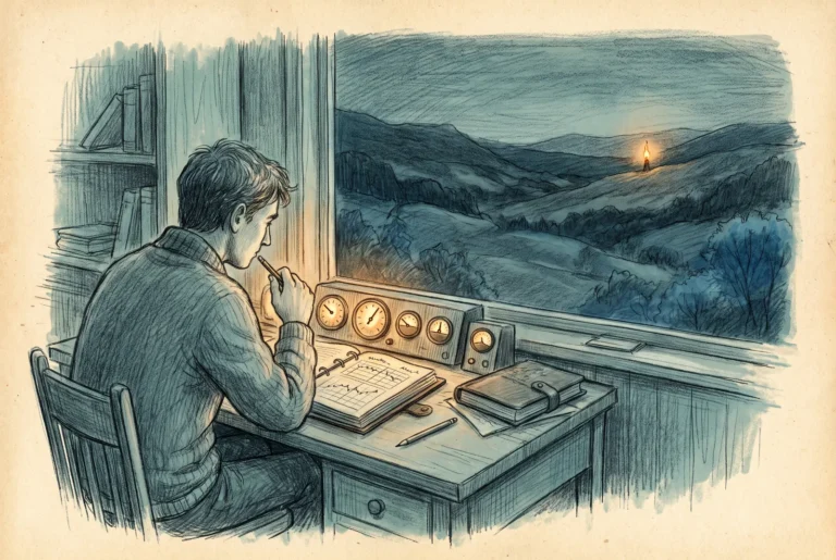 Hand-drawn pencil illustration in teal and slate with amber accents: a person at a desk reading a row of glowing gauges, confirming through the window that a distant warm light in the valley is alive.