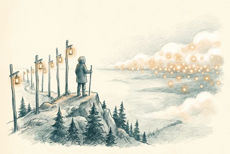 Hand-drawn pencil illustration in teal and slate with amber accents: a figure on a ridge where a line of built lantern-posts ends, looking out at a distant cloud bank that is already glowing with its own warm lights.