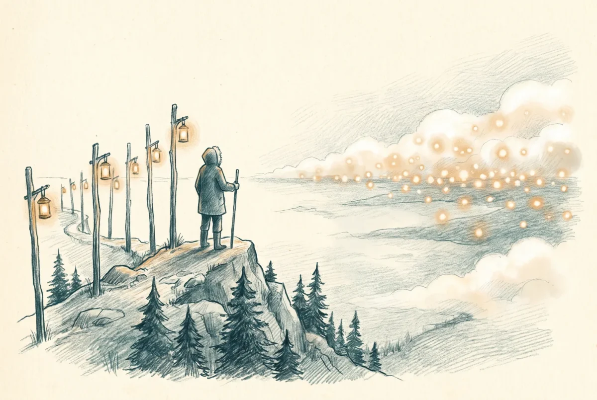 Hand-drawn pencil illustration in teal and slate with amber accents: a figure on a ridge where a line of built lantern-posts ends, looking out at a distant cloud bank that is already glowing with its own warm lights.