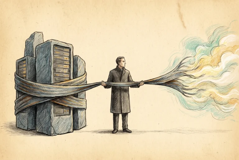 Hand-drawn pencil illustration in teal and slate with amber accents: a figure holds a woven band running from a cluster of stone server towers on one side to open cloud on the other, depicting one identity system with two very different ends.