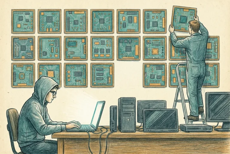 Editorial illustration of a complete baseline mounted on a wall while the devices in front sit deliberately unassigned