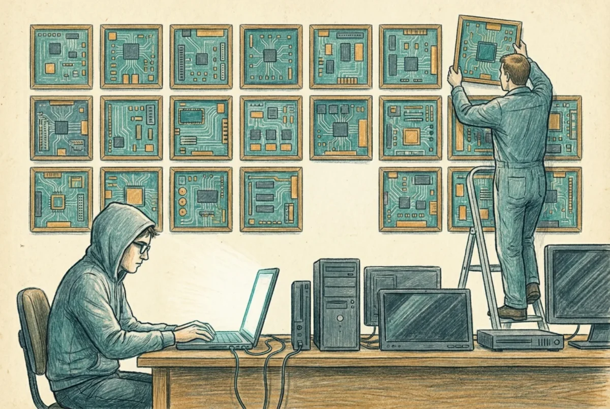 Editorial illustration of a complete baseline mounted on a wall while the devices in front sit deliberately unassigned