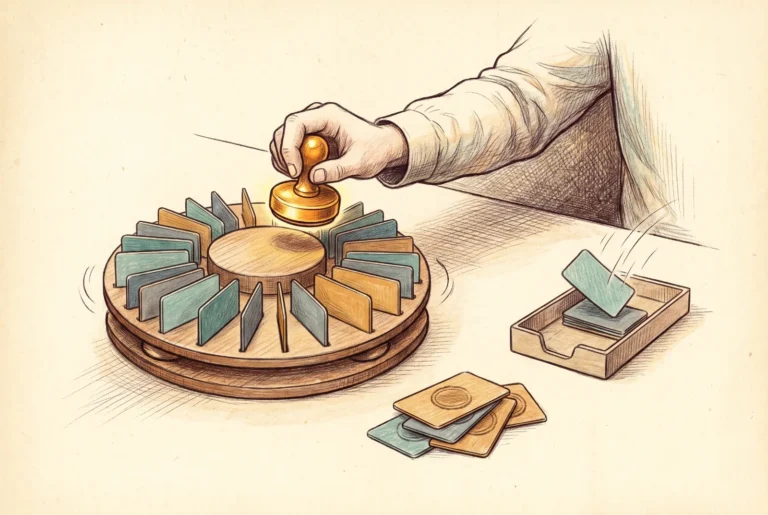 A hand stamps a slow-turning carousel of access cards, keeping some and setting others aside.