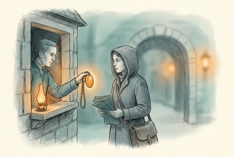 A gatehouse keeper issues a visitor badge to a traveler who holds their own credentials from elsewhere.