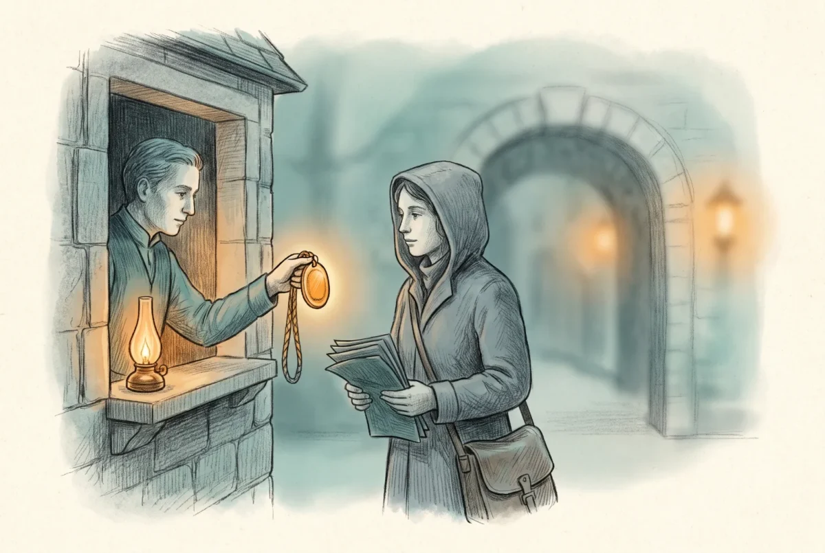 A gatehouse keeper issues a visitor badge to a traveler who holds their own credentials from elsewhere.
