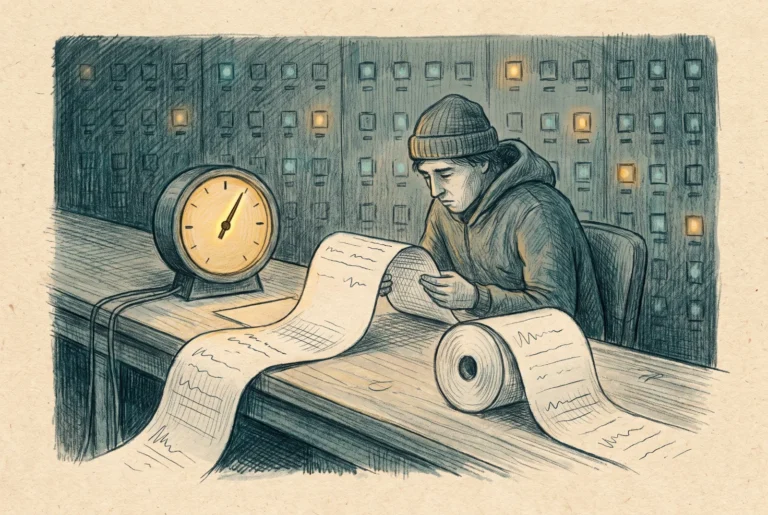 A night-watch operator reads a long scrolling ledger beside a steady amber health gauge.