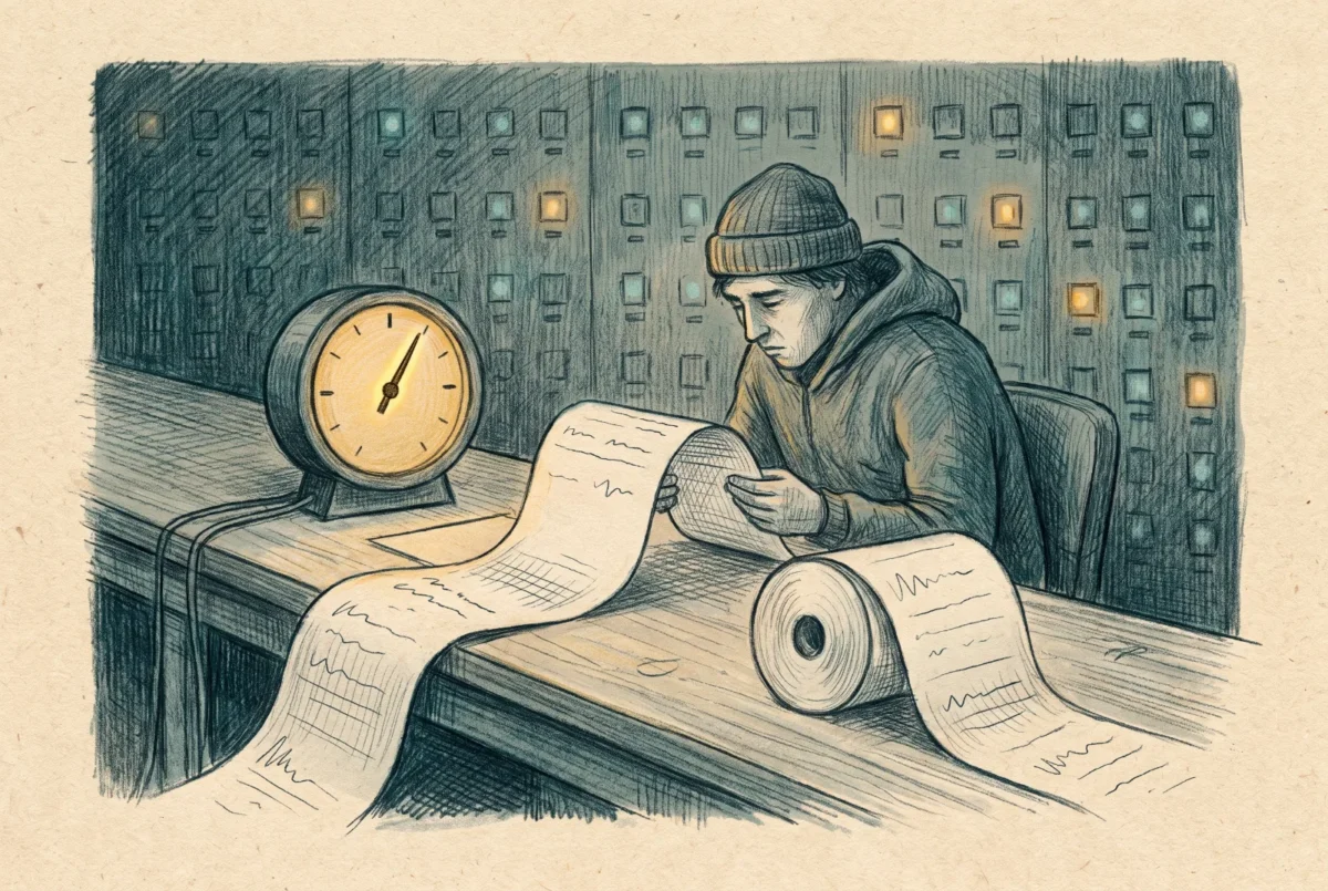 A night-watch operator reads a long scrolling ledger beside a steady amber health gauge.