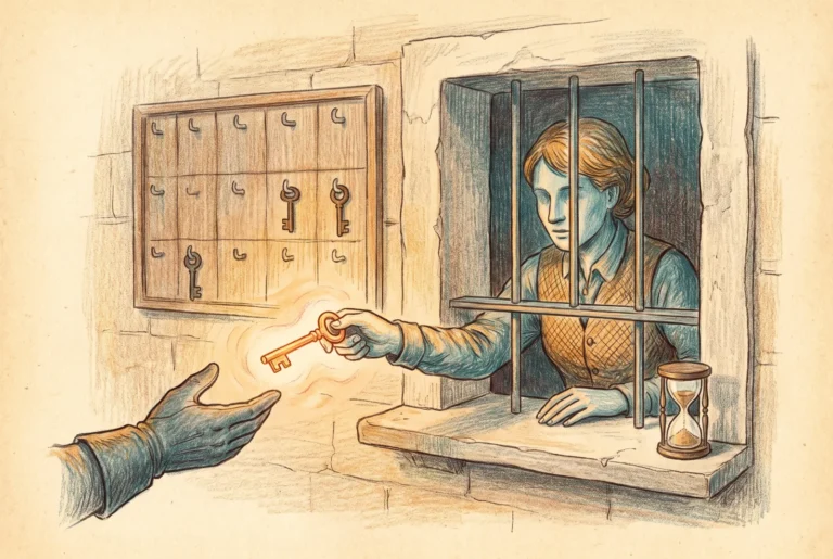 A vault clerk hands out a single time-limited key through a barred window beside an hourglass.