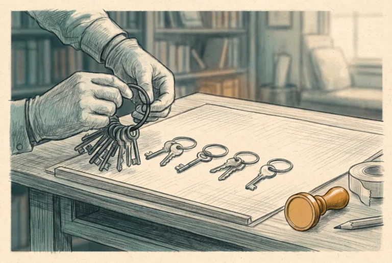 Hands divide one large ring of keys into several smaller sets across a drafting table.