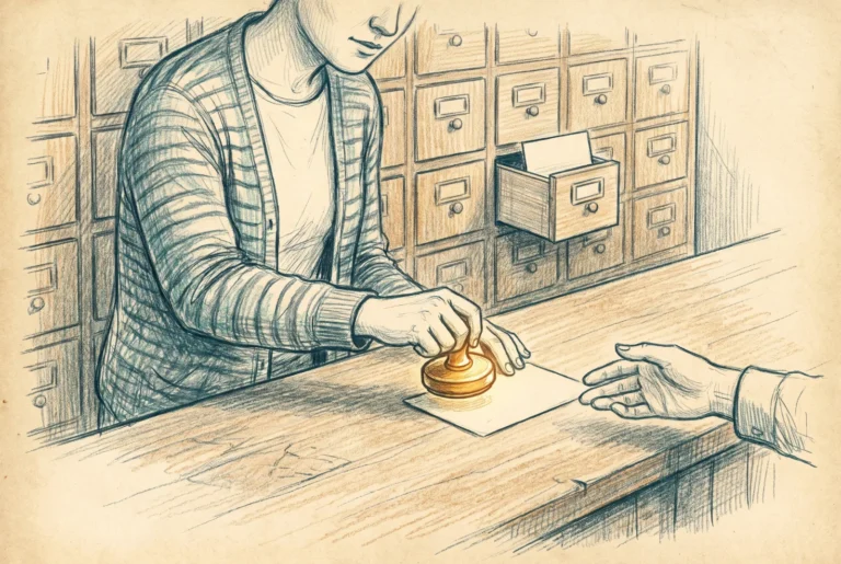 A librarian presses a date stamp onto a borrowing card before a bank of catalog drawers.