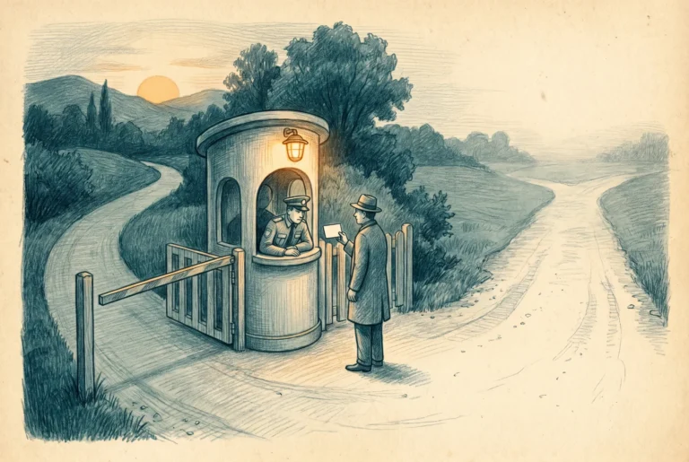 A road checkpoint verifies a traveler's identity card before a gate opens onto a private road.