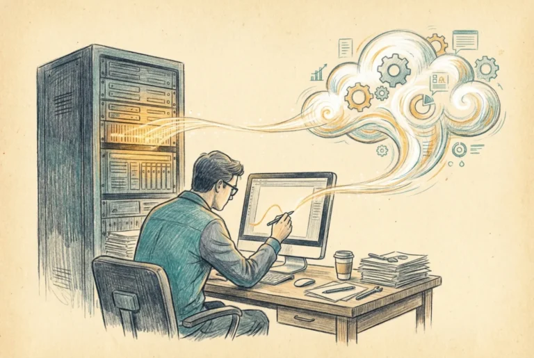 Editorial illustration of a technician tracing the connection between an on-premises server rack and the cloud