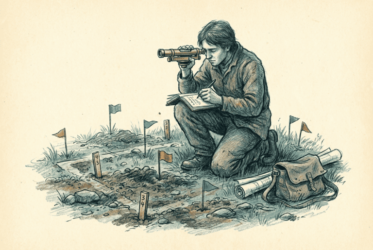 Editorial illustration of a person inspecting a site with a survey level and notebook before construction, teal and slate tones