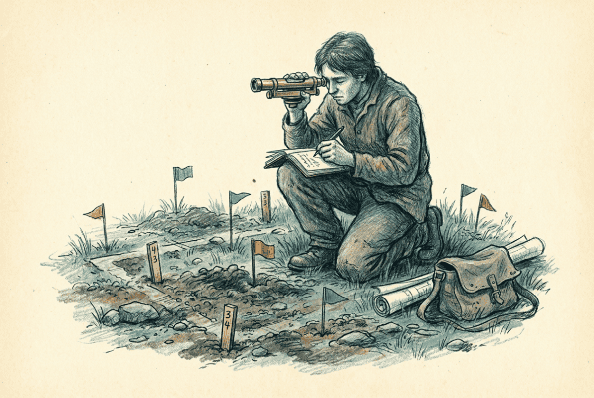Editorial illustration of a person inspecting a site with a survey level and notebook before construction, teal and slate tones