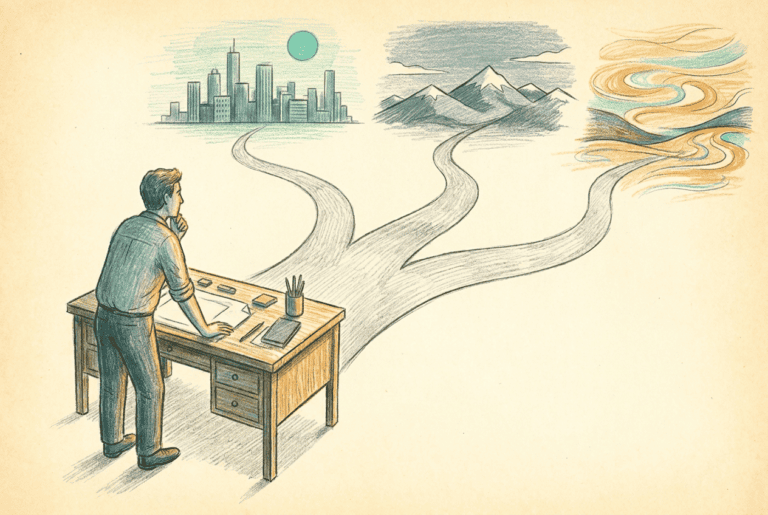 Editorial illustration of a person at a workspace facing three diverging paths, in teal and slate tones
