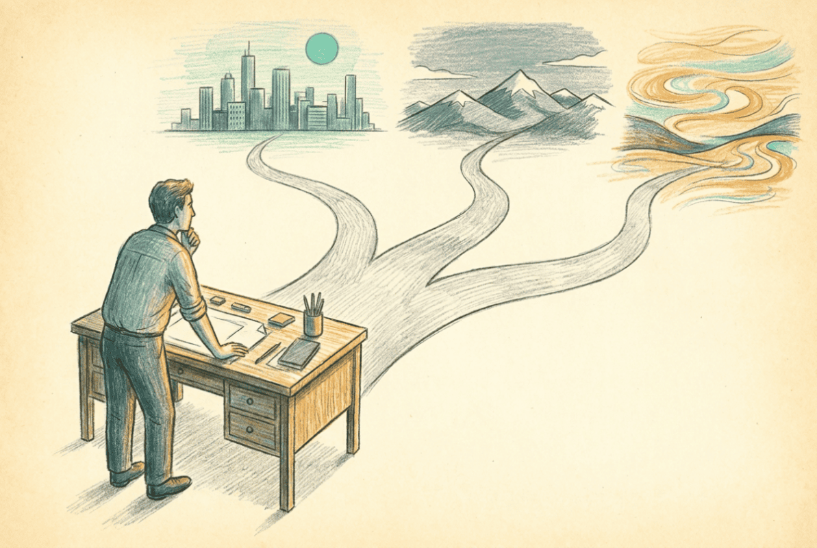 Editorial illustration of a person at a workspace facing three diverging paths, in teal and slate tones