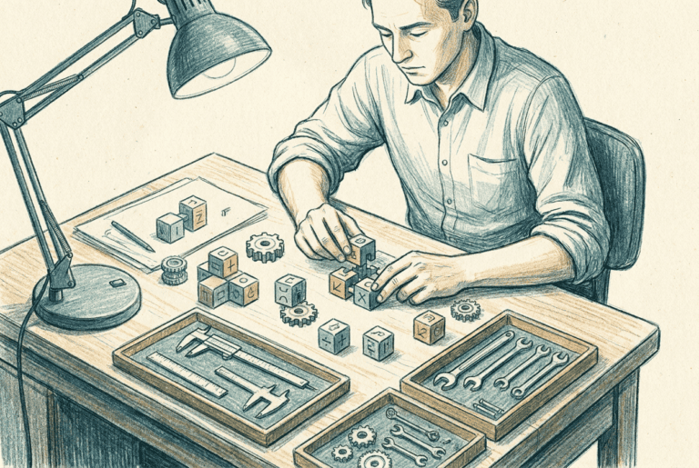 Editorial illustration of a person assembling a modular framework by hand at a workbench, teal and slate tones