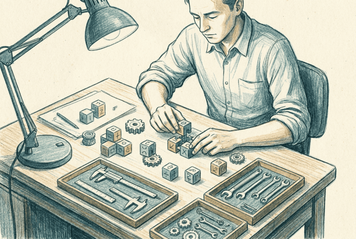 Editorial illustration of a person assembling a modular framework by hand at a workbench, teal and slate tones