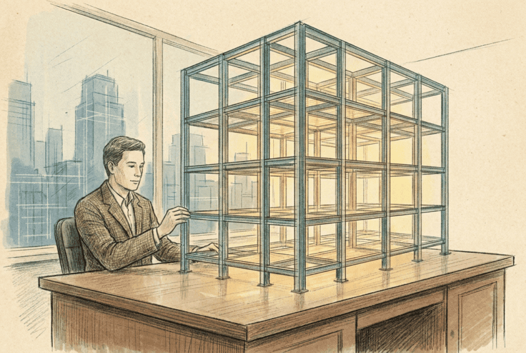 Editorial illustration of a person arranging a structural framework of a building before the walls go up, teal and slate tones