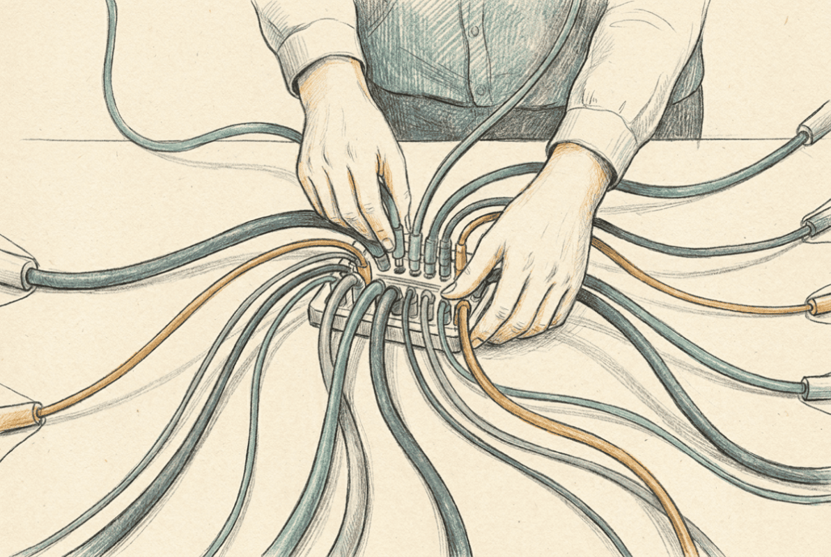 Editorial illustration of a person connecting cables into a central hub, teal and slate tones
