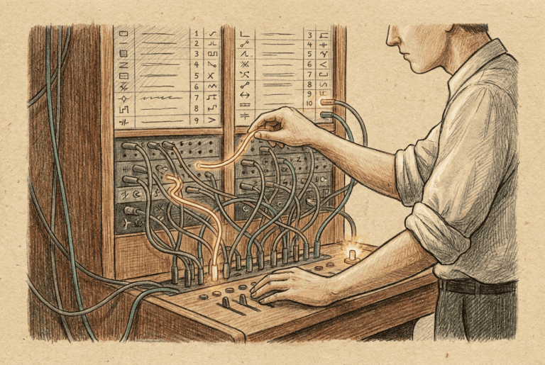 Editorial illustration of a person tracing one clear path through a switchboard of routes, teal and slate tones