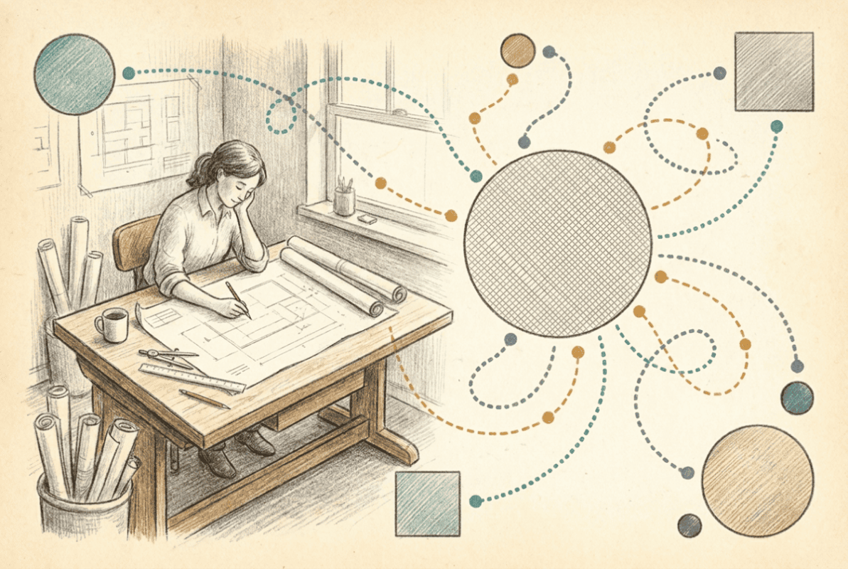 Editorial illustration of a person planning a network map with a central hub and outlying nodes at a drafting table, teal and slate tones