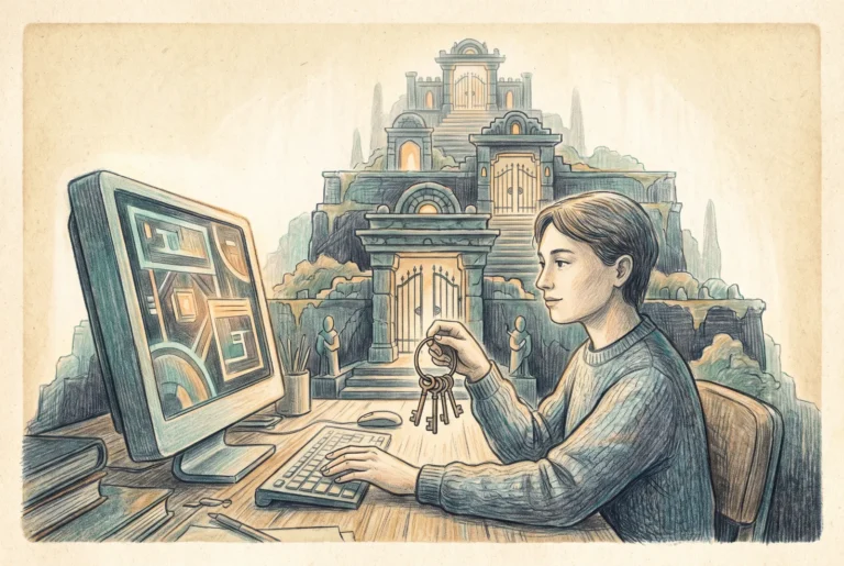 A person at a desk holding a ring of keys, with tiered gated structures rising behind them, suggesting layered levels of authority and controlled access.