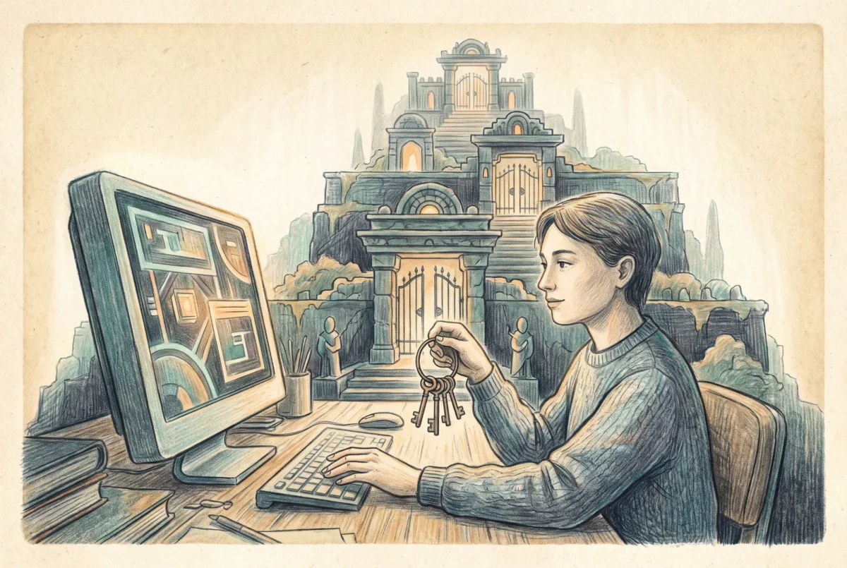 A person at a desk holding a ring of keys, with tiered gated structures rising behind them, suggesting layered levels of authority and controlled access.
