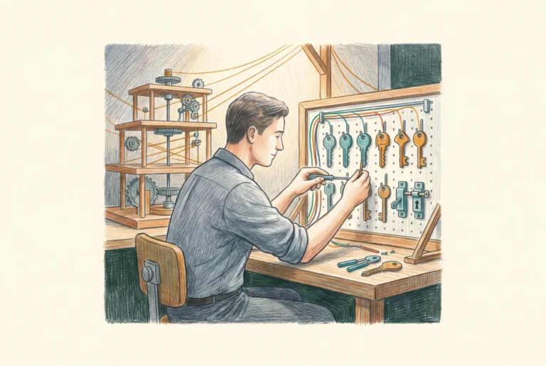 A builder at a workbench mounting keys and locks onto a pegboard and wiring them to a tiered structure, suggesting the deliberate construction of a controlled access system.