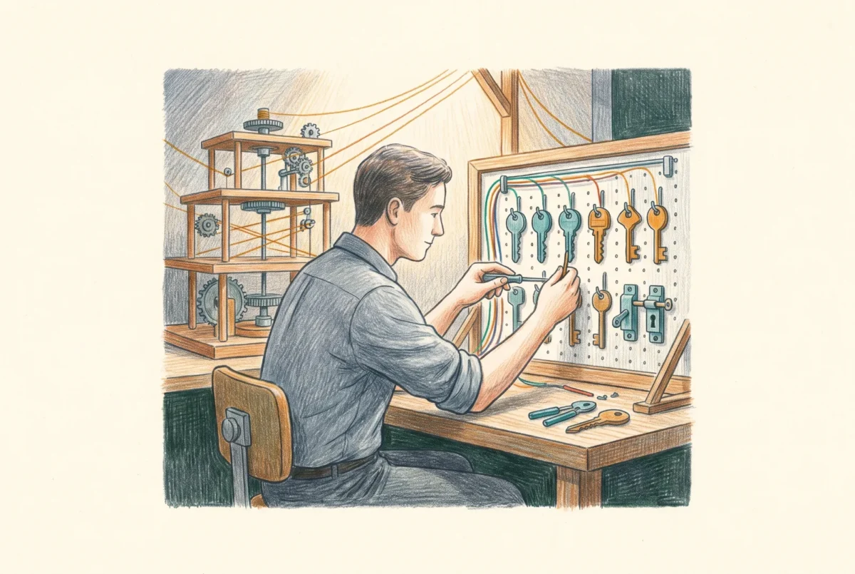 A builder at a workbench mounting keys and locks onto a pegboard and wiring them to a tiered structure, suggesting the deliberate construction of a controlled access system.