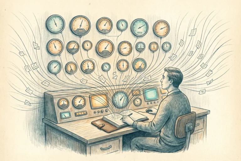 An operator at a control desk watching a wall of gauges while small records flow inward to a single open ledger, suggesting security posture and a central log.