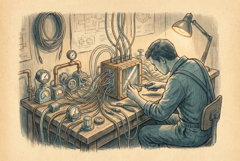 A builder wiring many cables from an array of instruments into a single central box, plumbing a system so that everything reports to one place.