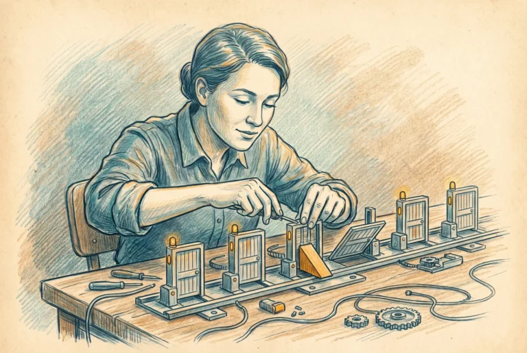 A builder installing a row of small gates on a track and setting each lever, with one gate propped open as a deliberate exception.