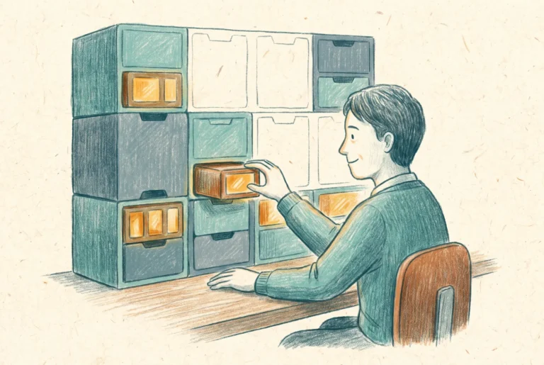 A person slotting a new module into a modular cabinet with several empty slots waiting to be filled, suggesting a foundation that grows by placement.