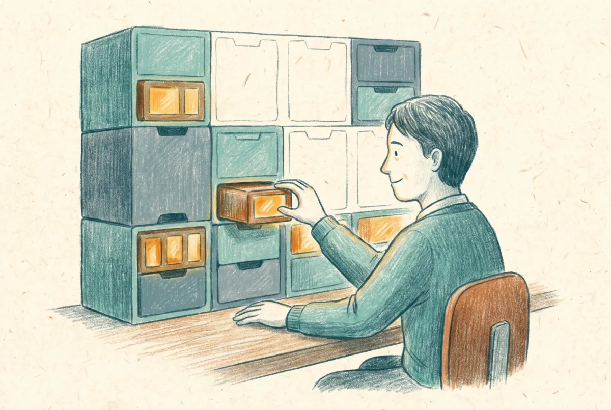 A person slotting a new module into a modular cabinet with several empty slots waiting to be filled, suggesting a foundation that grows by placement.