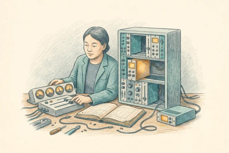 A person at a control station reading a row of dials and a ledger and adjusting a slider, with a modular rack beside them, suggesting the monthly operating routine.