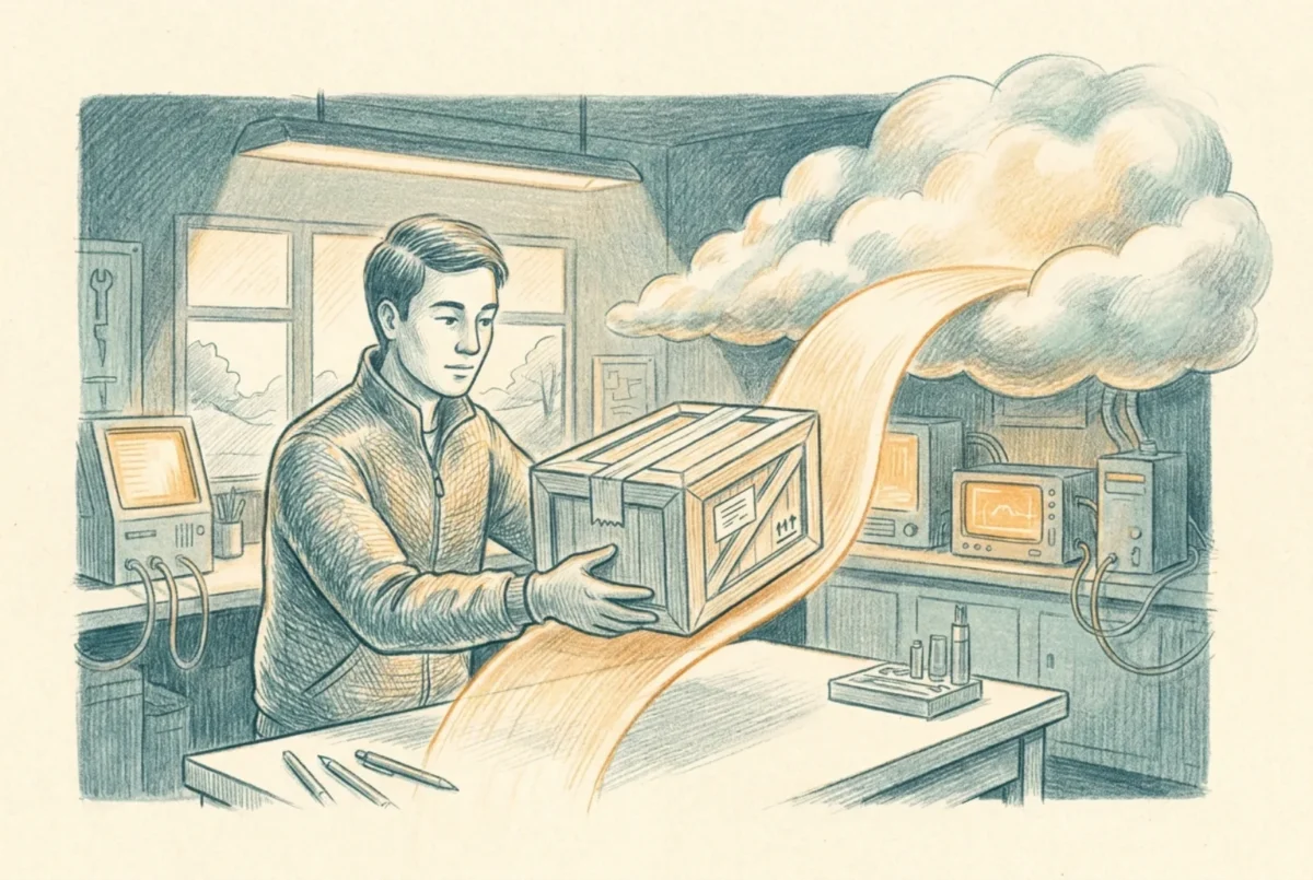 Editorial illustration of a technician calmly shipping a sealed baseline crate up a ribbon of light into a cloud