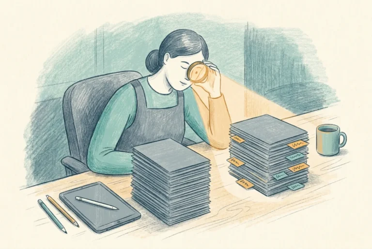 Editorial illustration of a technician comparing a pristine set of cards against a personally annotated copy