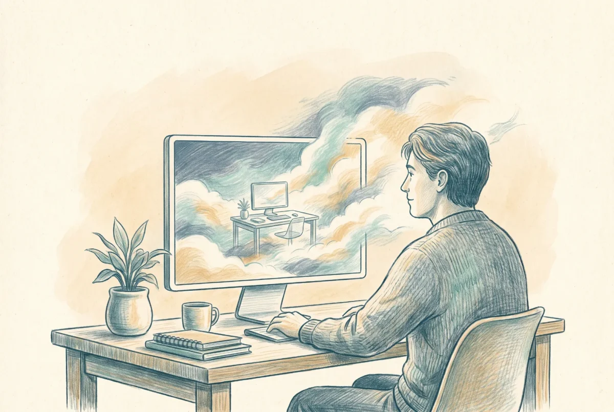Editorial illustration of a person at a desk whose monitor opens into a cloudy sky containing a faint duplicate desktop