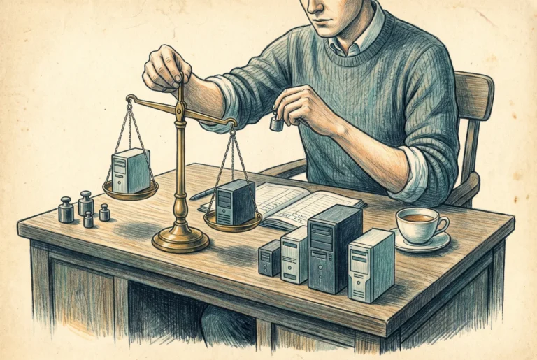 Editorial illustration of a person weighing small computers of different sizes on a balance scale