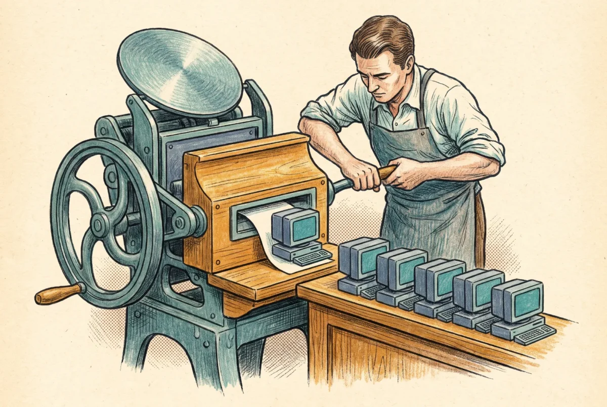 Editorial illustration of a craftsperson at a press producing identical miniature computers