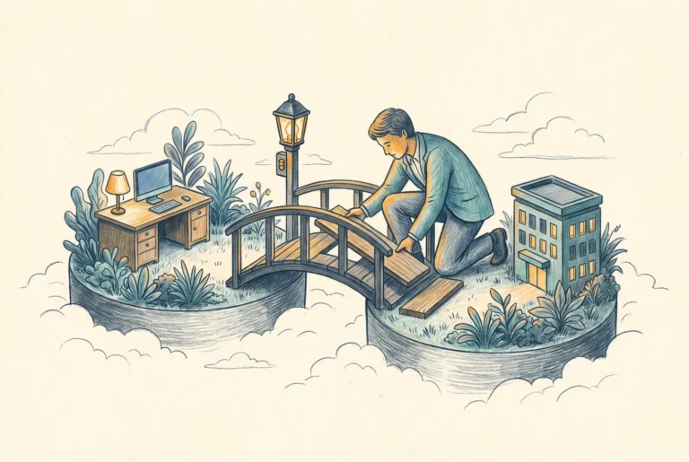 Editorial illustration of a person building a footbridge with a checkpoint between a cloud workspace and an office