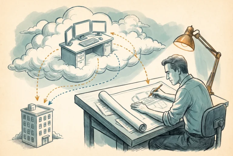 Editorial illustration of an architect drawing a blueprint of a cloud-connected desk