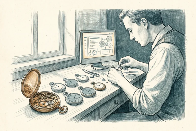 Editorial illustration of a watchmaker adjusting pocket watches beside a miniature computer