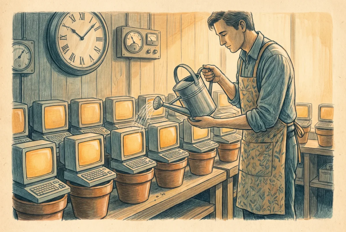 Editorial illustration of a caretaker tending rows of small computers on shelves