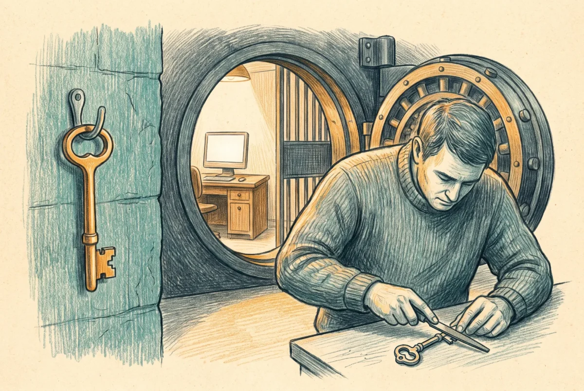 Editorial illustration of a locksmith cutting a single key before a vault door opening onto a small workspace